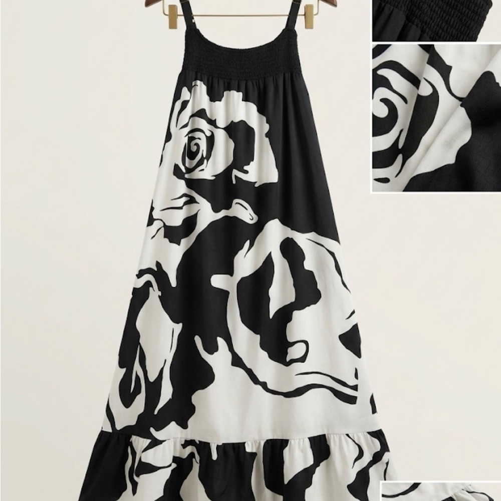 Black White Rose Floral Maxi Dress Smocked Bust Spaghetti Strap Ruffle Hem